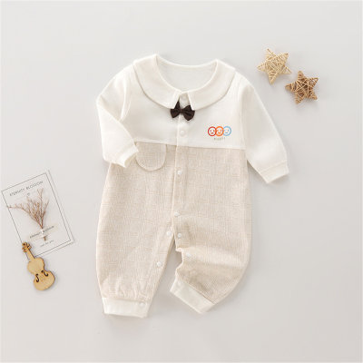 Baby Pure Cotton Color-block Patchwork Lapel Long-sleeved Long-leg Romper