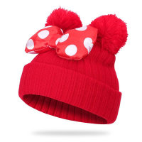Baby 100% Cotton Solid Color Dotted Bowknot Decor Pom Pom Beanie Hat  Red
