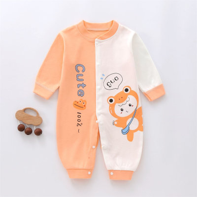 Baby Pure Cotton Color-block Patchwork Cartoon Printed Long-sleeved Long-leg Romper
