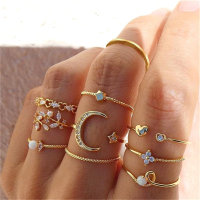 Star and Moon Diamond Heart Pearl Leaf Ring Set  Multicolor