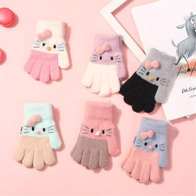 Baby Color-block Cat Style Bowknot Decor Knitted Gloves