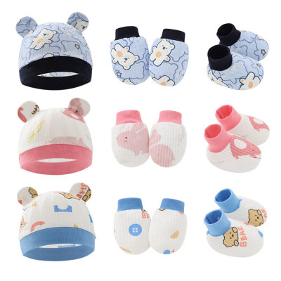 3-piece Baby 100% Cotton Cartoon Pattern Ear Design Infant Hat & Matching Mittens & Sock Shoes