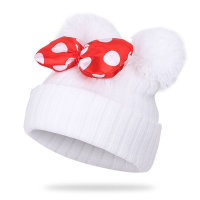 Baby 100% Cotton Solid Color Dotted Bowknot Decor Pom Pom Beanie Hat  White