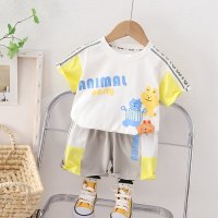 2-piece Toddler Boy Pure Cotton Color-block Cartoon Printed Short Sleeve T-shirt & Matching Shorts  Yellow