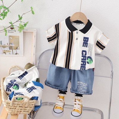 2-piece Toddler Boy Pure Cotton Striped Letter Printed Short Sleeve Polo Shirt & Denim Shorts