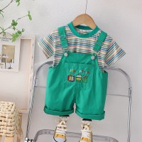 2-piece Toddler Boy Pure Cotton Color-block Striped Short Sleeve T-shirt & Solid Color Dungarees  Green