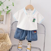 2-piece Toddler Boy Pure Coton Dinosaur Embroidered Short Sleeve Polo Shirt & Denim Shorts  White