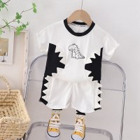 2-piece Toddler Boy Pure Cotton Dinosaur Printed Patchwork Short Sleeve T-shirt & Matching Shorts  White