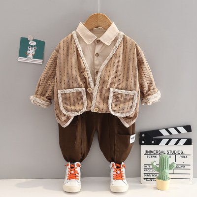 3-piece Toddler Boy Striped Pocket Front Cardigan & Solid Color Long Sleeve Shirt & Matching Pants
