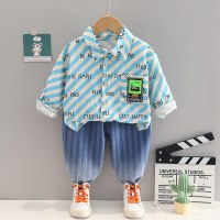 2-قطعة طفل صبي مخطط رسالة مطبوعة قميص طويل الأكمام وسراويل ملونة متدرجة  أزرق