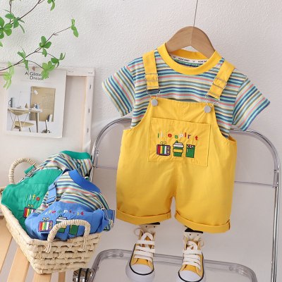 2-piece Toddler Boy Pure Cotton Color-block Striped Short Sleeve T-shirt & Solid Color Dungarees