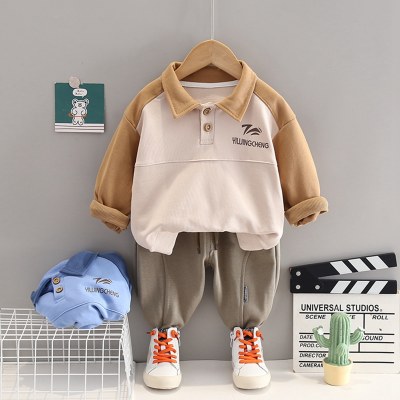 2-piece Toddler Boy Color-block Patchwork Letter Printed Long Sleeve Polo Shirt & Matching Pants