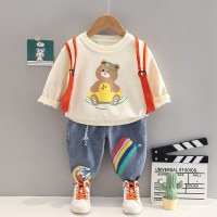 T-shirt a maniche lunghe stampata con orso da bambino in 2 pezzi e pantaloni in denim con decorazioni arcobaleno  Beige