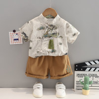 Tassel New Chinese Style Short Sleeve Two-piece Suit  Gray