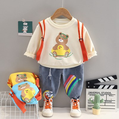 2-piece Toddler Boy Bear Printed Long Sleeve T-shirt & Rainbow Decor Denim Pants