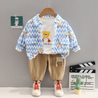 Top infantil estampado de urso menino de 3 peças, camisa com estampa de listras combinando e calças de cor sólida  Azul