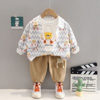Top infantil estampado de urso menino de 3 peças, camisa com estampa de listras combinando e calças de cor sólida  cinzento