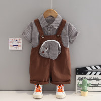 Plaid Puppy Overalls Two-Piece Set  Taupe