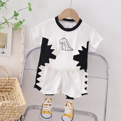 2-piece Toddler Boy Pure Cotton Dinosaur Printed Patchwork Short Sleeve T-shirt & Matching Shorts