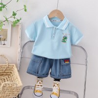 2-piece Toddler Boy Pure Coton Dinosaur Embroidered Short Sleeve Polo Shirt & Denim Shorts  Blue