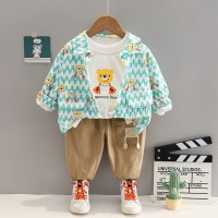 3-piece Toddler Boy Bear Printed Top & Matching Stripe Pattern Shirt & Solid Color Pants  Green