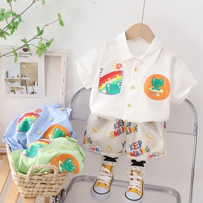 2-piece Toddler Boy Pure Cotton Cartoon Printed Short Sleeve Shirt & Matching Shorts