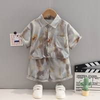 Fashionable new boys' flower rock shirt two-piece suit  Gray