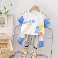 2-piece Toddler Boy Pure Cotton Color-block Cartoon Printed Short Sleeve T-shirt & Matching Shorts  Blue