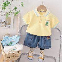 2-piece Toddler Boy Pure Coton Dinosaur Embroidered Short Sleeve Polo Shirt & Denim Shorts  Yellow