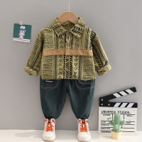 2-قطعة طفل صبي كل انحاء مطبوعة المرقعة قميص طويل الأكمام وسراويل بلون  أخضر