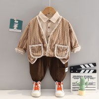 3-piece Toddler Boy Striped Pocket Front Cardigan & Solid Color Long Sleeve Shirt & Matching Pants  Khaki