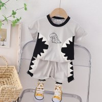 2-piece Toddler Boy Pure Cotton Dinosaur Printed Patchwork Short Sleeve T-shirt & Matching Shorts  Gray