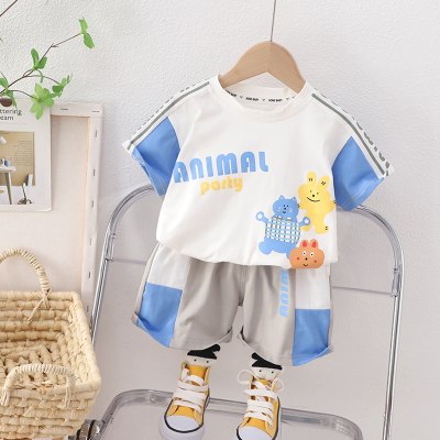 2-piece Toddler Boy Pure Cotton Color-block Cartoon Printed Short Sleeve T-shirt & Matching Shorts