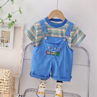 2-piece Toddler Boy Pure Cotton Color-block Striped Short Sleeve T-shirt & Solid Color Dungarees  Blue