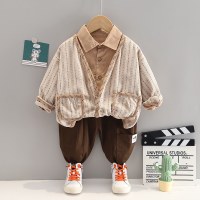 3-piece Toddler Boy Striped Pocket Front Cardigan & Solid Color Long Sleeve Shirt & Matching Pants  Beige