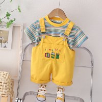 2-piece Toddler Boy Pure Cotton Color-block Striped Short Sleeve T-shirt & Solid Color Dungarees  Yellow