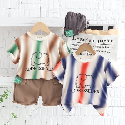 2-piece Toddler Boy Pure Cotton Color-block Letter and Elephant Printed Short Sleeve T-shirt & Solid Color Shorts
