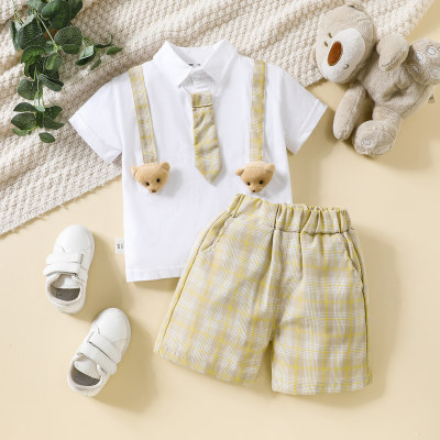 2-قطعة طفل صبي منقوشة المرقعة الدب ديكور قميص بولو بأكمام قصيرة وسراويل منقوشة