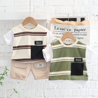 2-piece Toddler Boy 2 in 1 Color-block Striped Patchwork Short Sleeve T-shirt & Solid Color Shorts