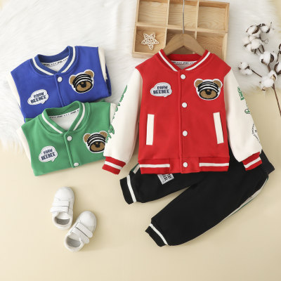 2-piece Toddler Boy Color-block Bear Pattern Button-up Baseball Jacket & Matching Pants