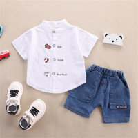 Toddler Boy Cartoon Animal Pattern Shirt & Denim Shorts  White