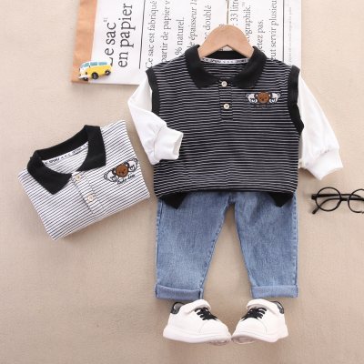 Toddler Stripes 2 In 1 Lapel Sweater& Jeans Pants
