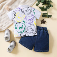 2-قطعة طفل رضيع كل انحاء الدب مطبوعة قميص بولو قصير الأكمام وسراويل الدنيم  أبيض