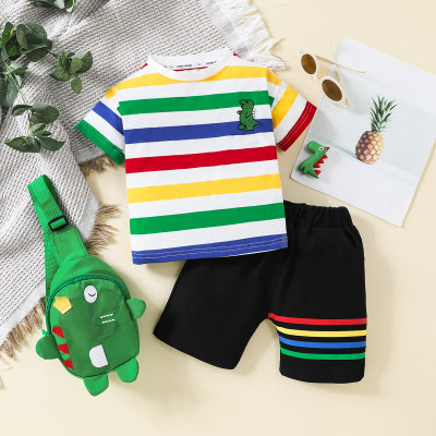 2-piece Toddler Boy Color-block Striped Short Sleeve T-shirt & Matching Shorts