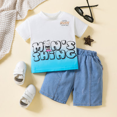 2-piece Toddler Boy Gradient Color Letter Printed Short Sleeve T-shirt & Denim Shorts