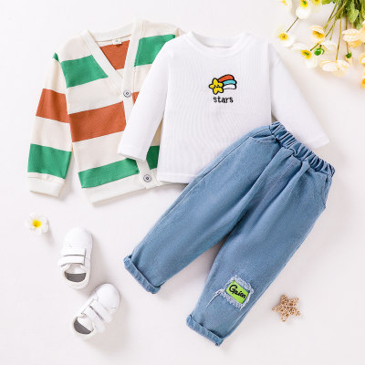 3-piece Toddler Boy Cartoon Star Printed Long Sleeve Top & Colorful Striped V-neck Cardigan & Solid Color Letter Pattern Straight Pants