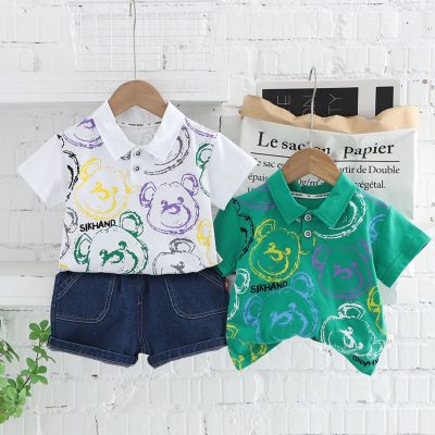2-piece Toddler Boy Allover Bear Printed Short Sleeve Polo Shirt & Solid Color Shorts