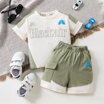 2-piece Toddler Boy Color-block Letter Printed Short Sleeve T-shirt & Matching Shorts