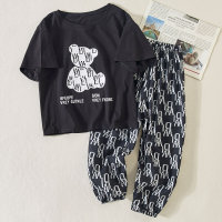 Kid Boy Bear Print T-shirt & Letter Print Pants  Black