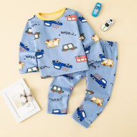 2-piece Toddler Allover Car and Letter Pattern Fleece-lined Long Sleeve Top & Matching Pants  Light Blue